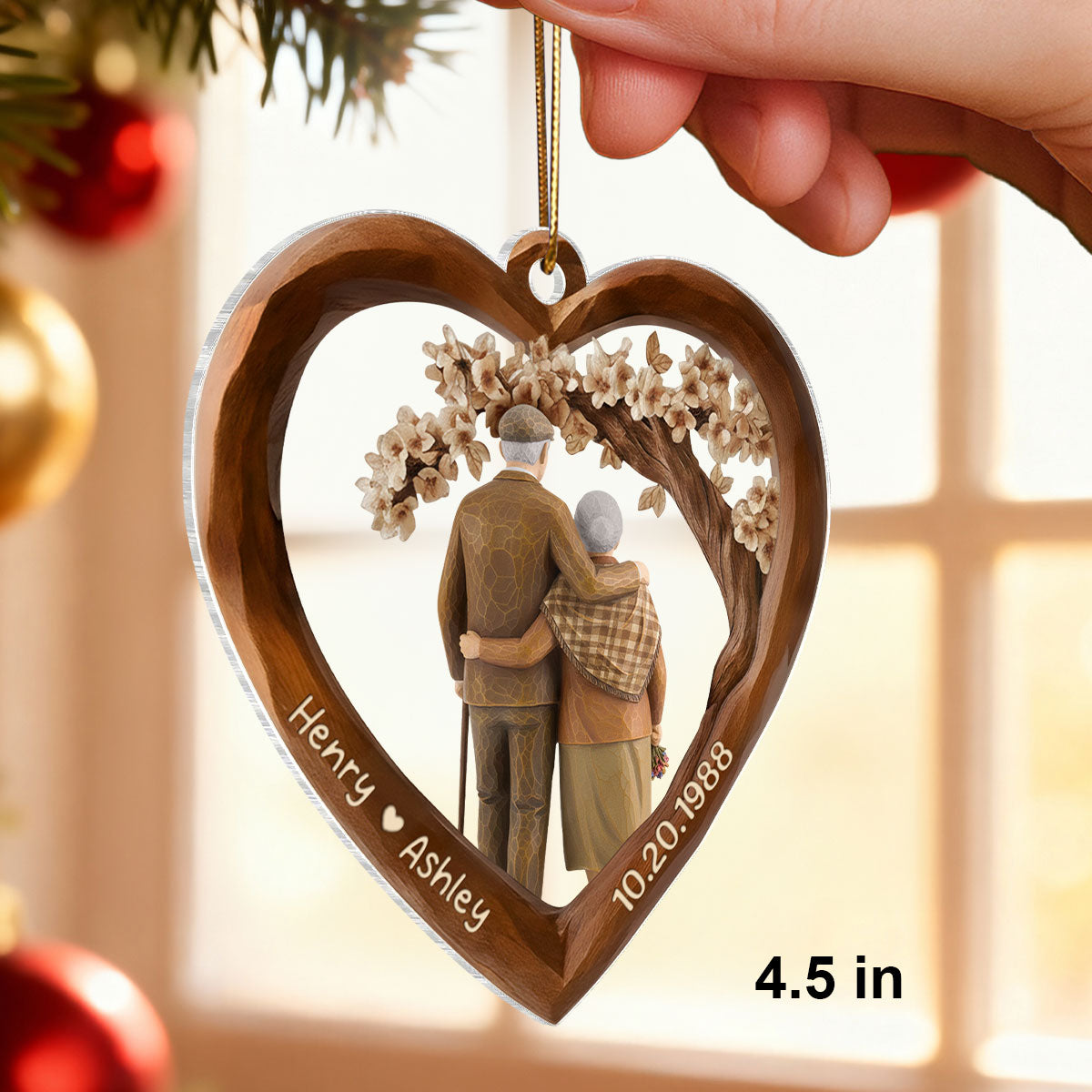 Old Couple Walking Together 3D Wooden Effect - Personalized Acrylic Ornament - Christmas Gift for Couples