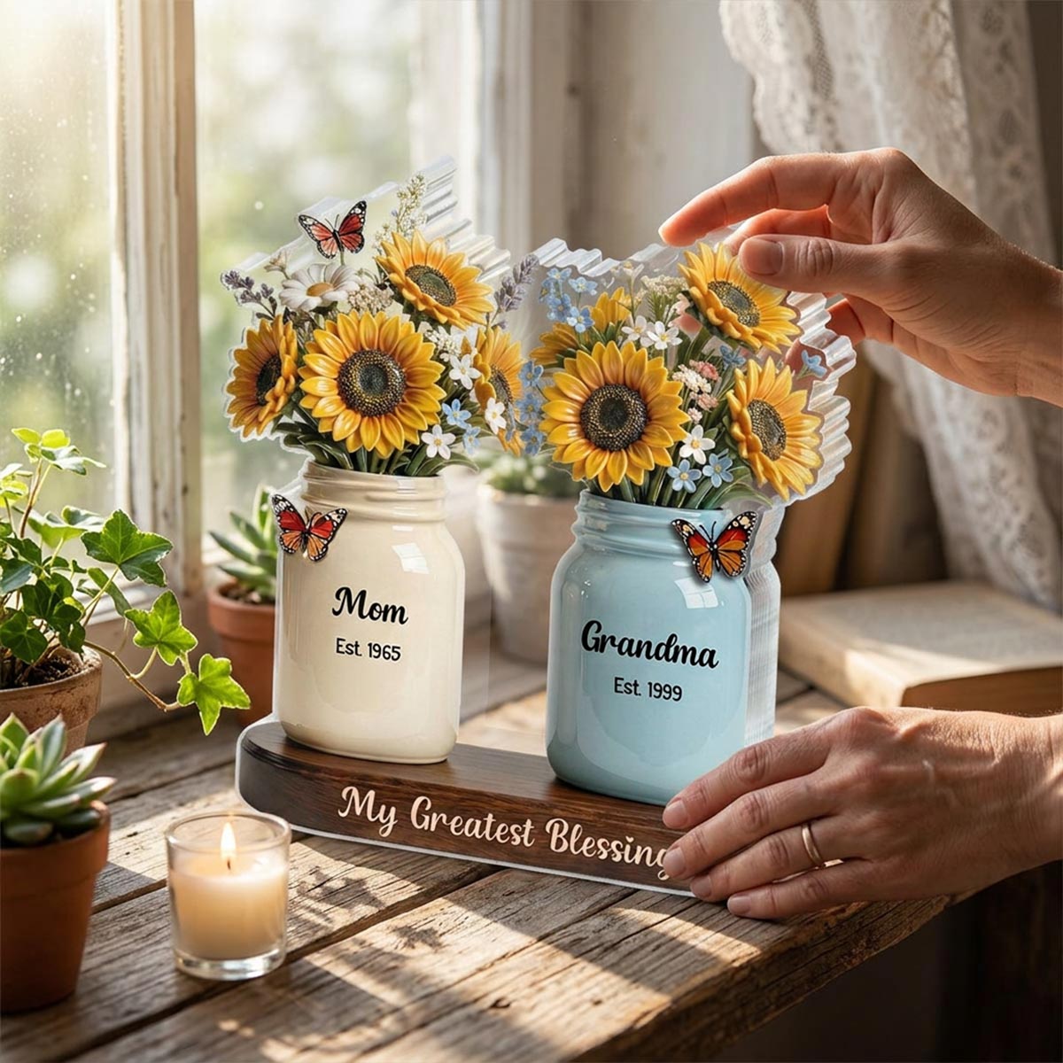 Mom Grandma Great Grandma Sunflowers Jars Est. Years 2D Flat - Personalized Acrylic Block Plaque