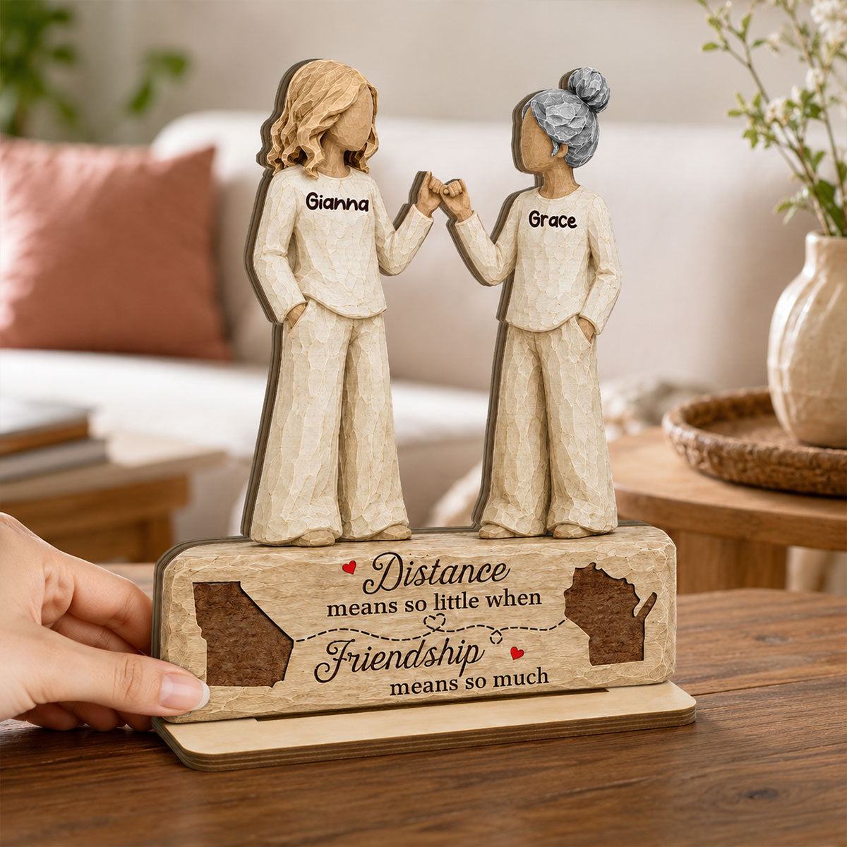 Pinky Promise Miles Apart Besties At Heart 2D Flat - Personalized 2-Layered Wooden Plaque - Birthday Gift, Long Distance Friendship Gift for Best Friends