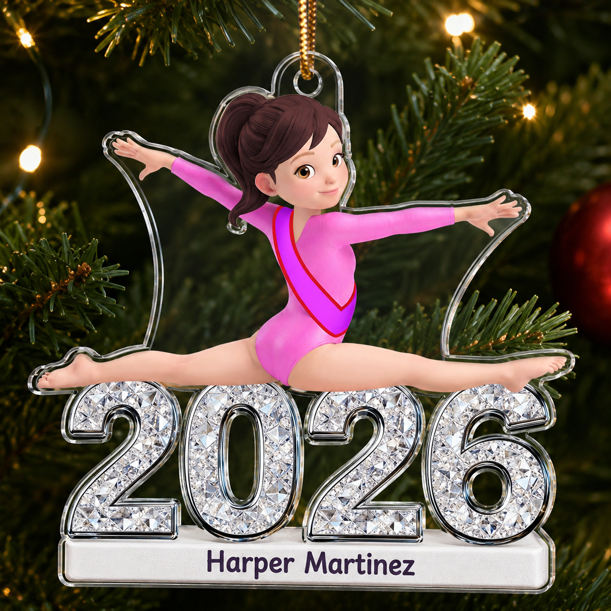 Gymnastic Girl Front Split Pose With Year 2D Flat Printed - Personalized Acrylic Ornament - Gymnast Gift For Daughter, Granddaughter