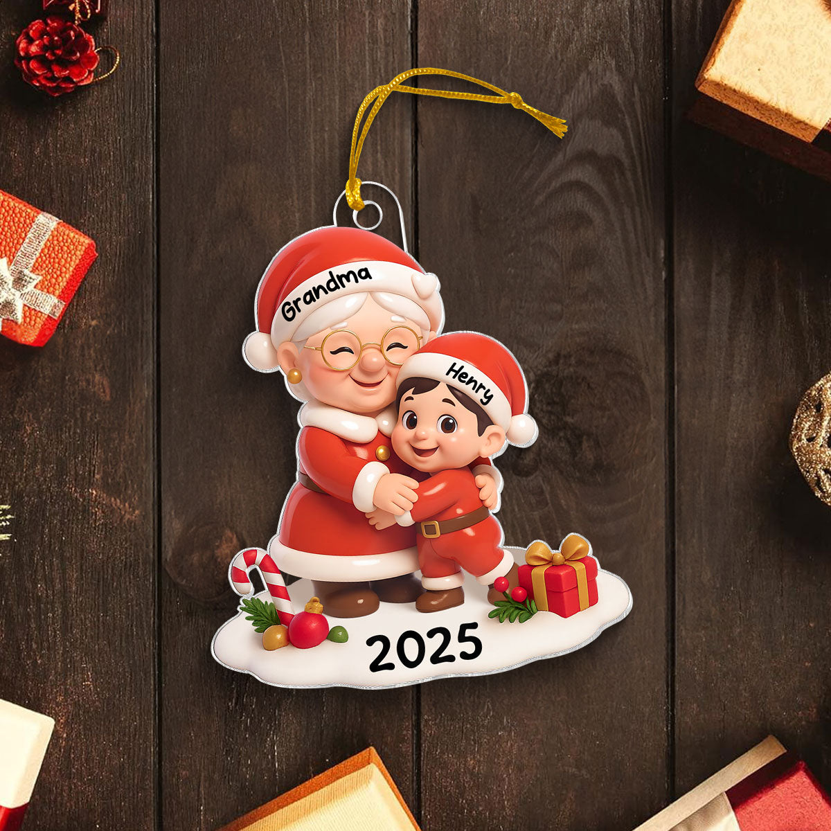 Santa Grandma Hugging Grandkid 3D Effect Personalized Acrylic Ornament, Christmas Gift for Grandson, Granddaughter, Grandma