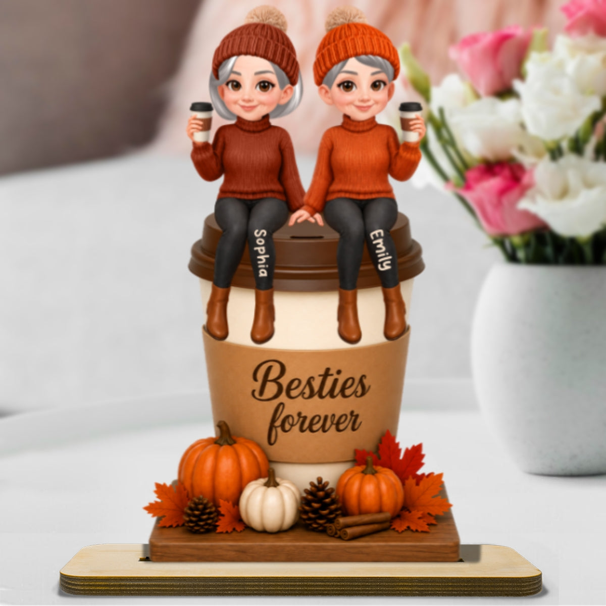 Besties Sitting On Pumpkin Spice Latte 2D Flat - Personalized Wooden Plaque - Cozy Fall Gift