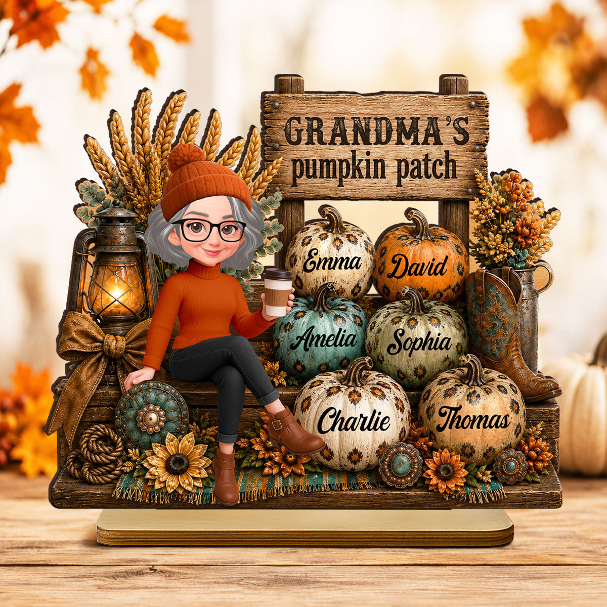 Grandma Pumpkin Patch Western Fall Vibe - Personalized 2-Layered Wooden Plaque - Fall Gift for Grandma