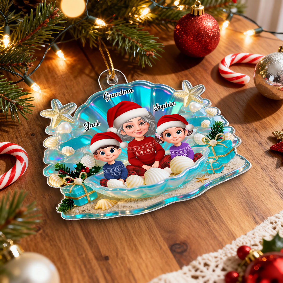 3D Effect Seashell Grandma Grandkids Christmas Together - Personalized Acrylic Ornament