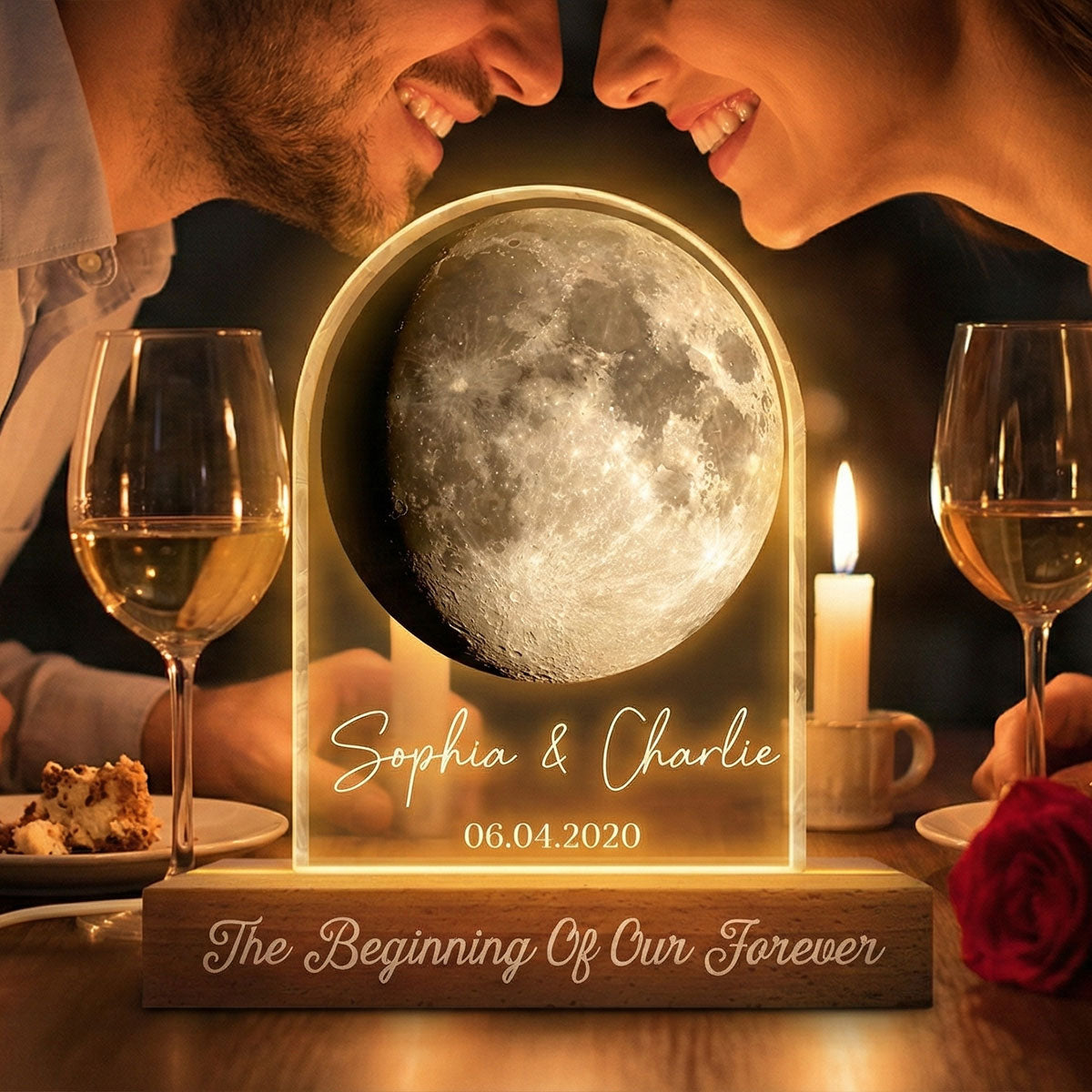 Forever Love Custom Couple Moon Phase Anniversary Date - Personalized Acrylic Block LED Night Light - Valentine's Day Gift For Couple, For Her, For Him