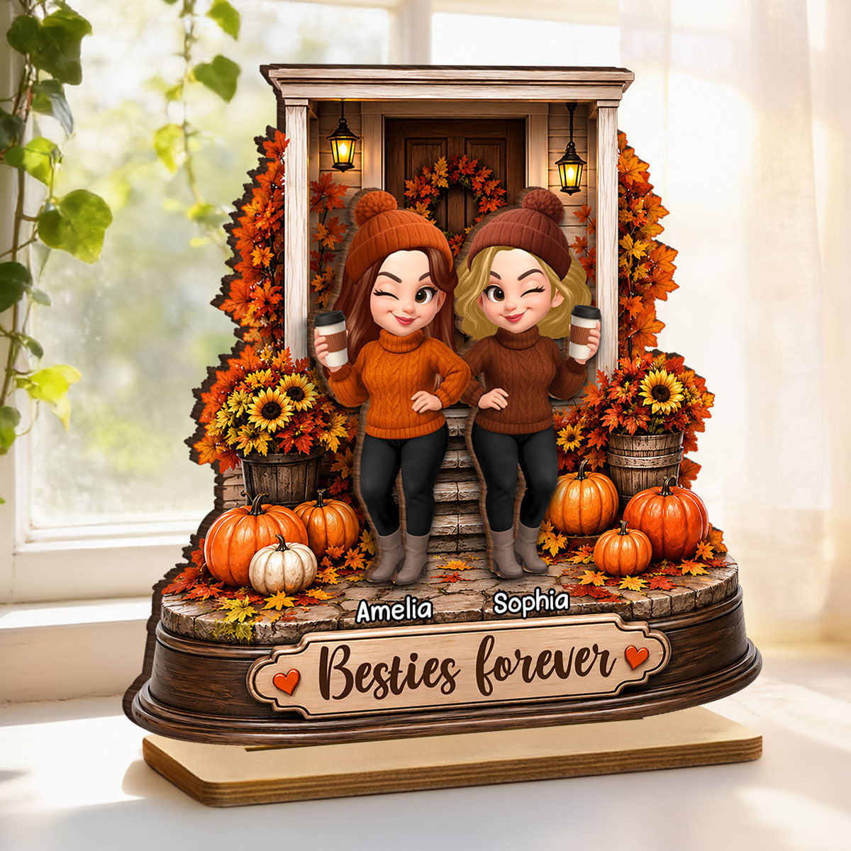 Besties Forever Front Porch Memories - Personalized 2-Layered Wooden Plaque - Fall Season Gift For Besties