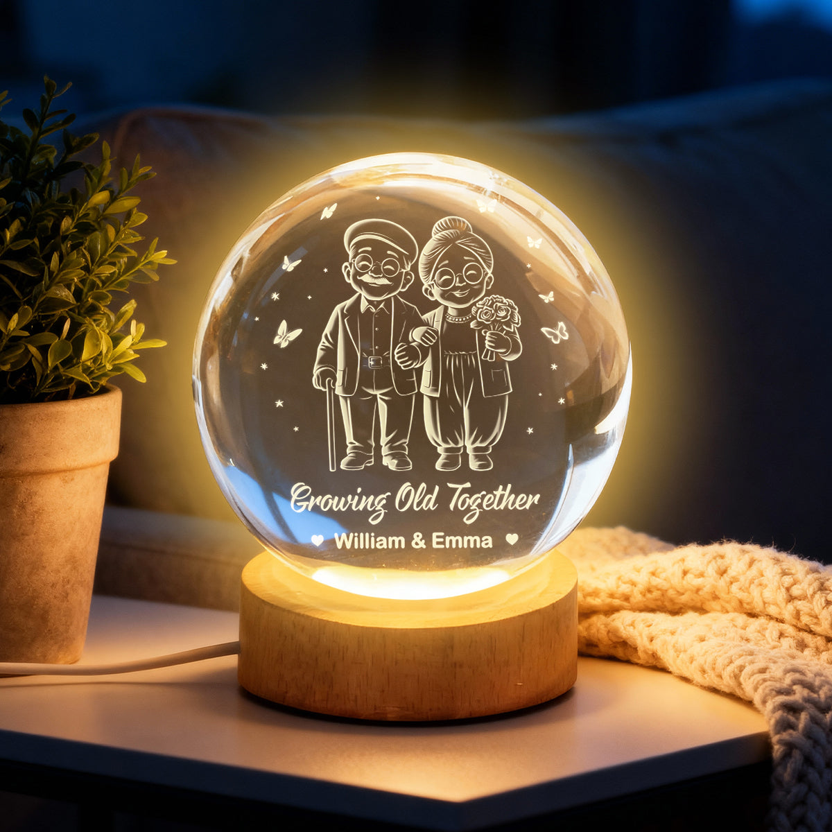 Couple Growing Old Together - Personalized Crystal Ball LED Night Light - Heartfelt Valentine's Day Gift for Her, for Him