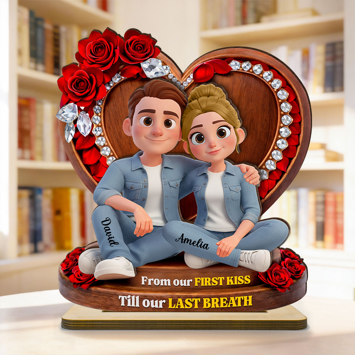 Couple Sitting Rose Heart - Personalized 2-Layered Wooden Plaque - Heartfelt Valentine's Day Gift for Her, for Him