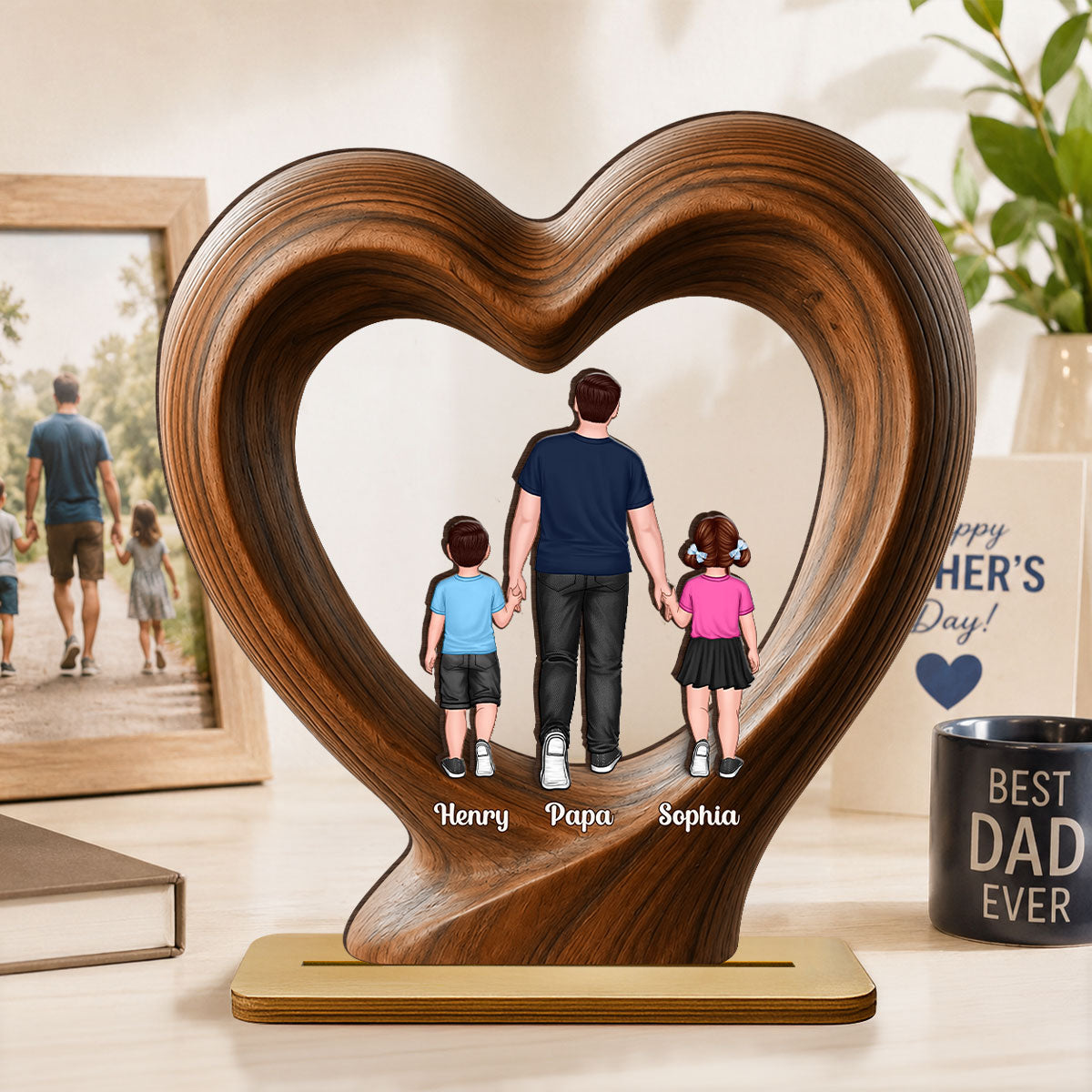 Dad Grandpa Walking With Children - Personalized 2-Layered Wooden Plaque -  Gift for Husband