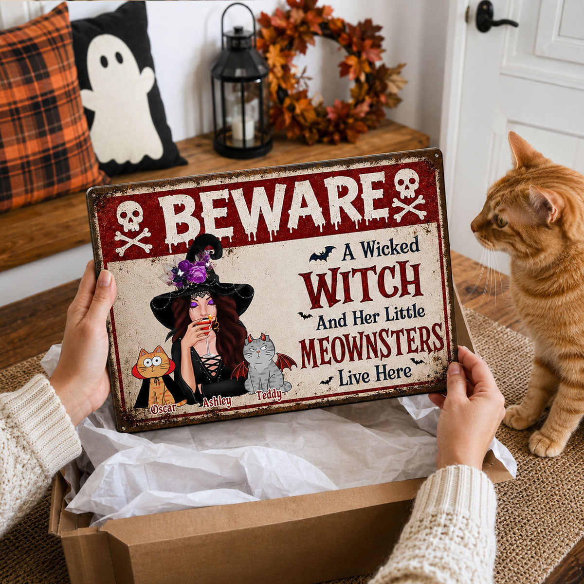 Beware A Wicked Witch And Her Little Meownsters - Personalized Metal Sign - Halloween Decor Gift, Gift For Cat Lovers