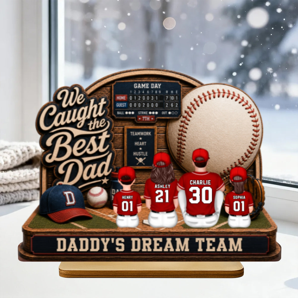 Baseball Things Dad & Kids Back View Sitting 2D Flat - Personalized 2-Layered Wooden Plaque - Happy  For Baseball Dad