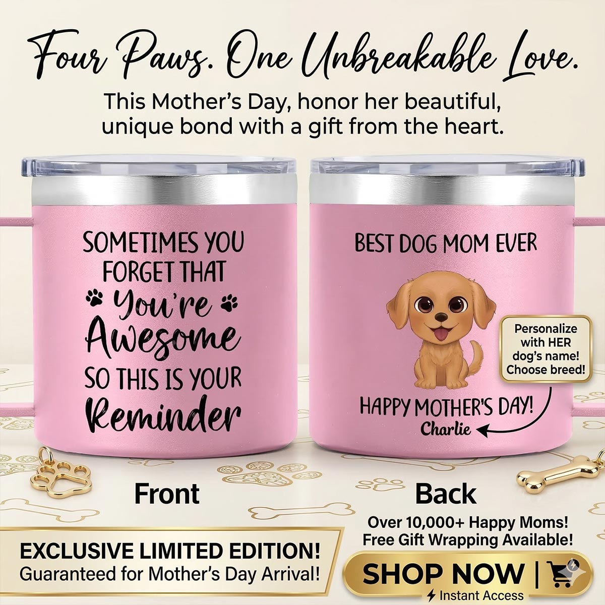 Sometimes You Forget That You're Awesome Dog Mom - Personalized Stainless Steel Tumbler with Handle - Mother's Day Gift For Dog Lovers
