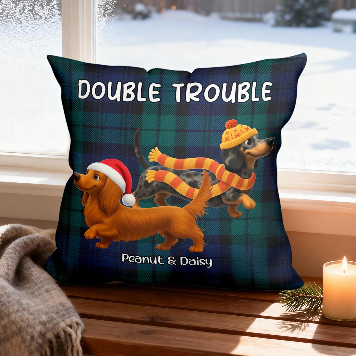 Christmas Dachshunds Double Trouble - Personalized Pillow - Gift For Dachshund Lovers