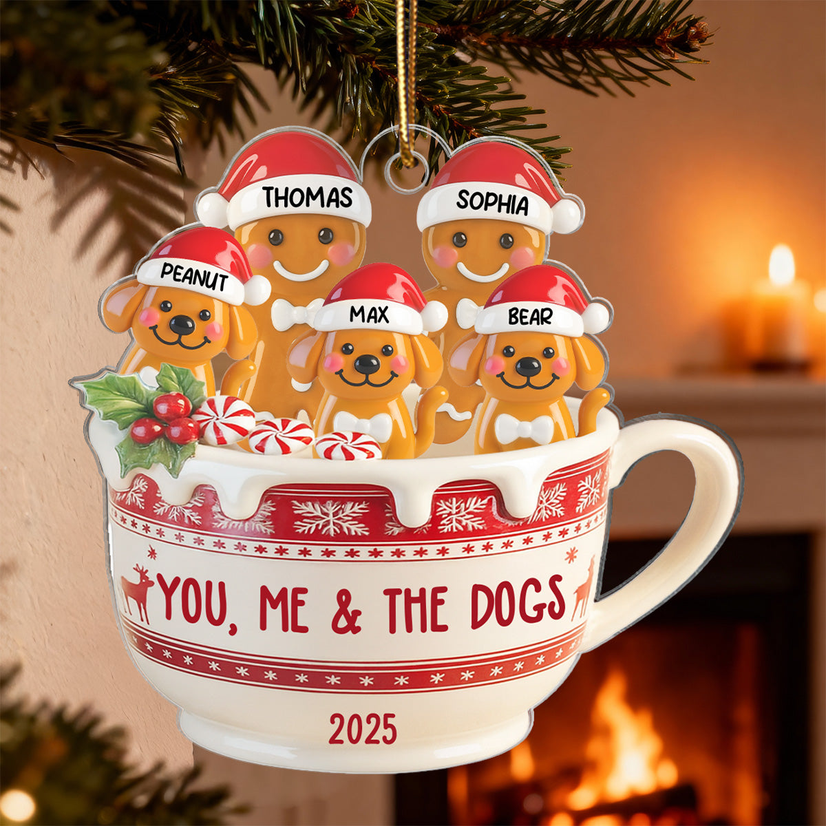 3D Effect Gingerbread Couple & Dog Cat In Hot Cocoa - Personalized Acrylic Ornament