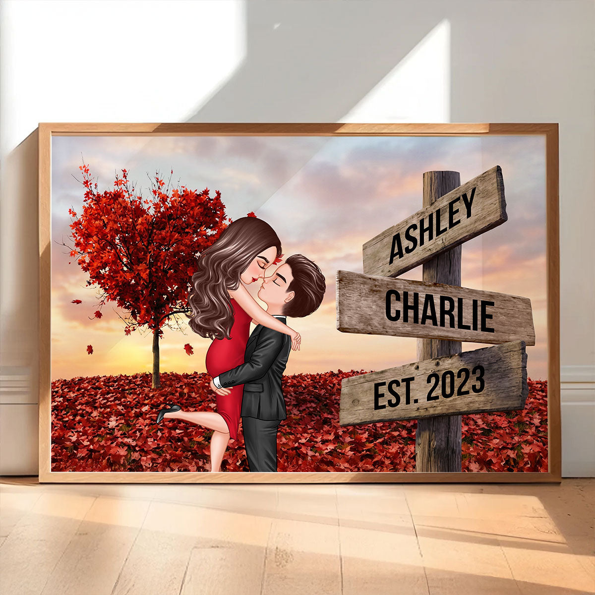 Couple Hugging Kissing Sign Post - Personalized Poster - Heartfelt Gift For Him, Her, Wife, Husband, Couple