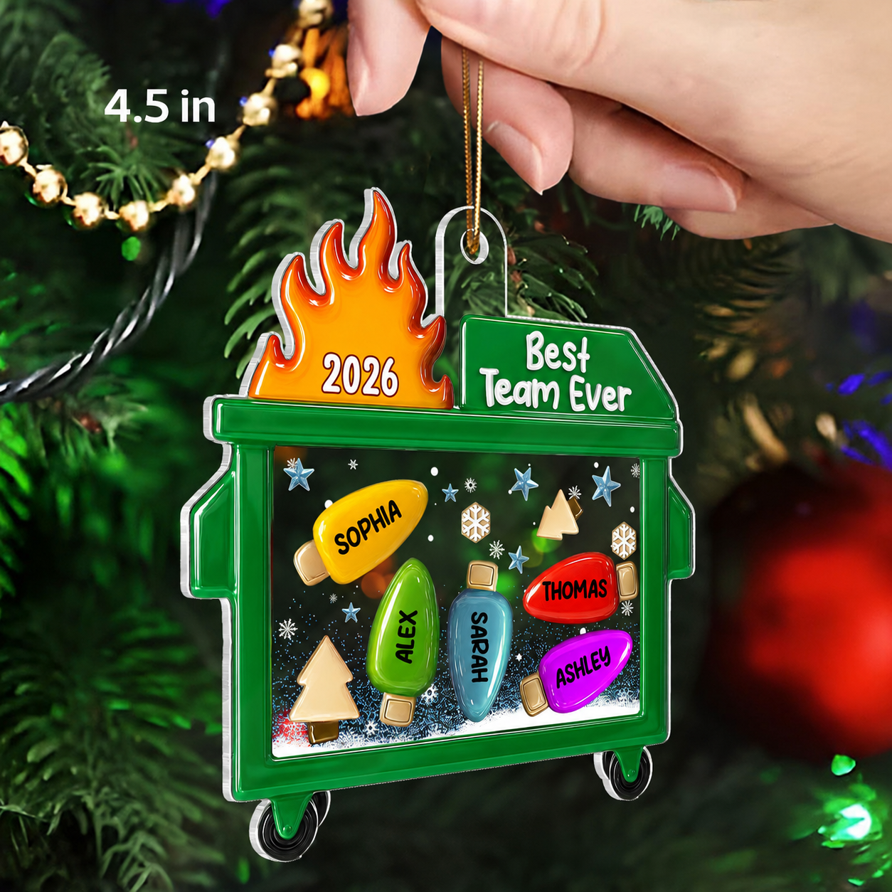 3D Effect Dumpster Fire Best Team Ever - Personalized Acrylic Ornament - Funny Gift For Coworkers, Work Besties