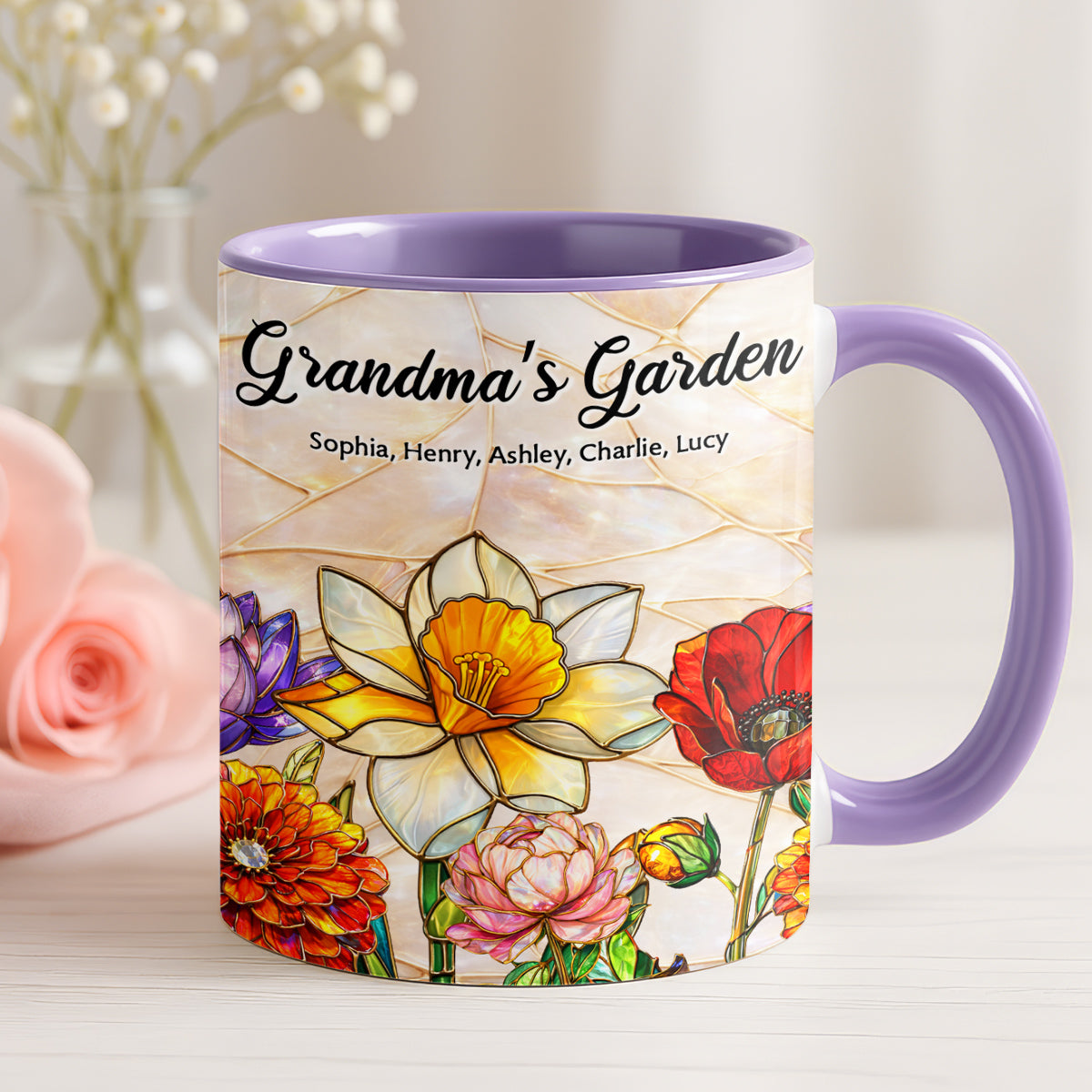 Grandma Mom's Garden Faux 3D Stained Glass Effect - Personalized Mug - Heartfelt Mother's Day Gift for Mom, Grandma, Wife