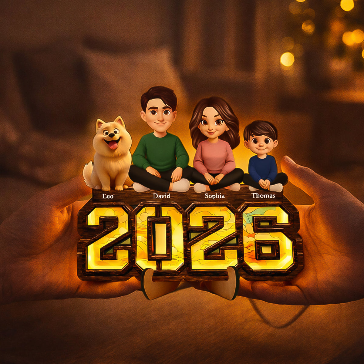 3D Effect Family And Dog Cat - Personalized Wooden Frame With LED - Heartfelt Gift For Mom, Dad