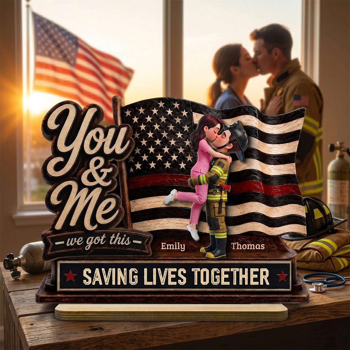 Proud Hero Couple You & Me We Got This 2D Flat - Personalized 2-Layered Wooden Plaque - Gift For Couple, For Him, For Her, Nurse, Police, Firefighter, Army