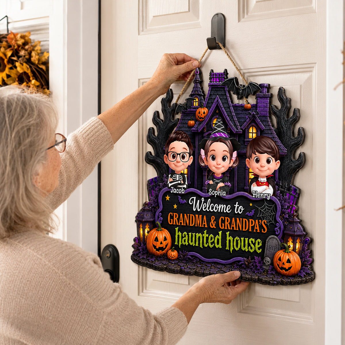 Halloween Vibe Welcome to Grandma Grandpa's House - Personalized Door Hanger Sign - Halloween Decor