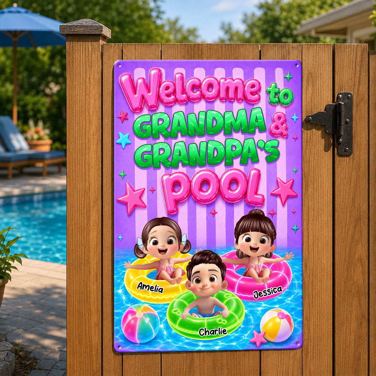 Neon Stripe Summer Welcome to Grandma Grandpa's Pool - Personalized Metal Sign - Trendy Summer Decor