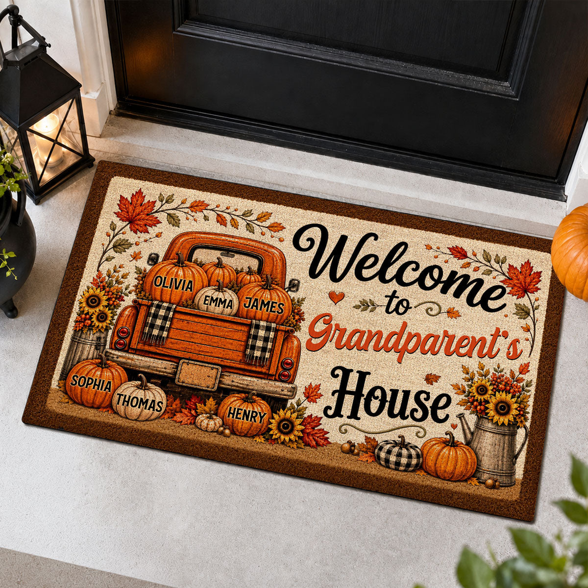 Floral Pumpkin Patch Truck Grandparent - Personalized Doormat - Fall Season Decor Gift, Gift For Grandma Grandpa