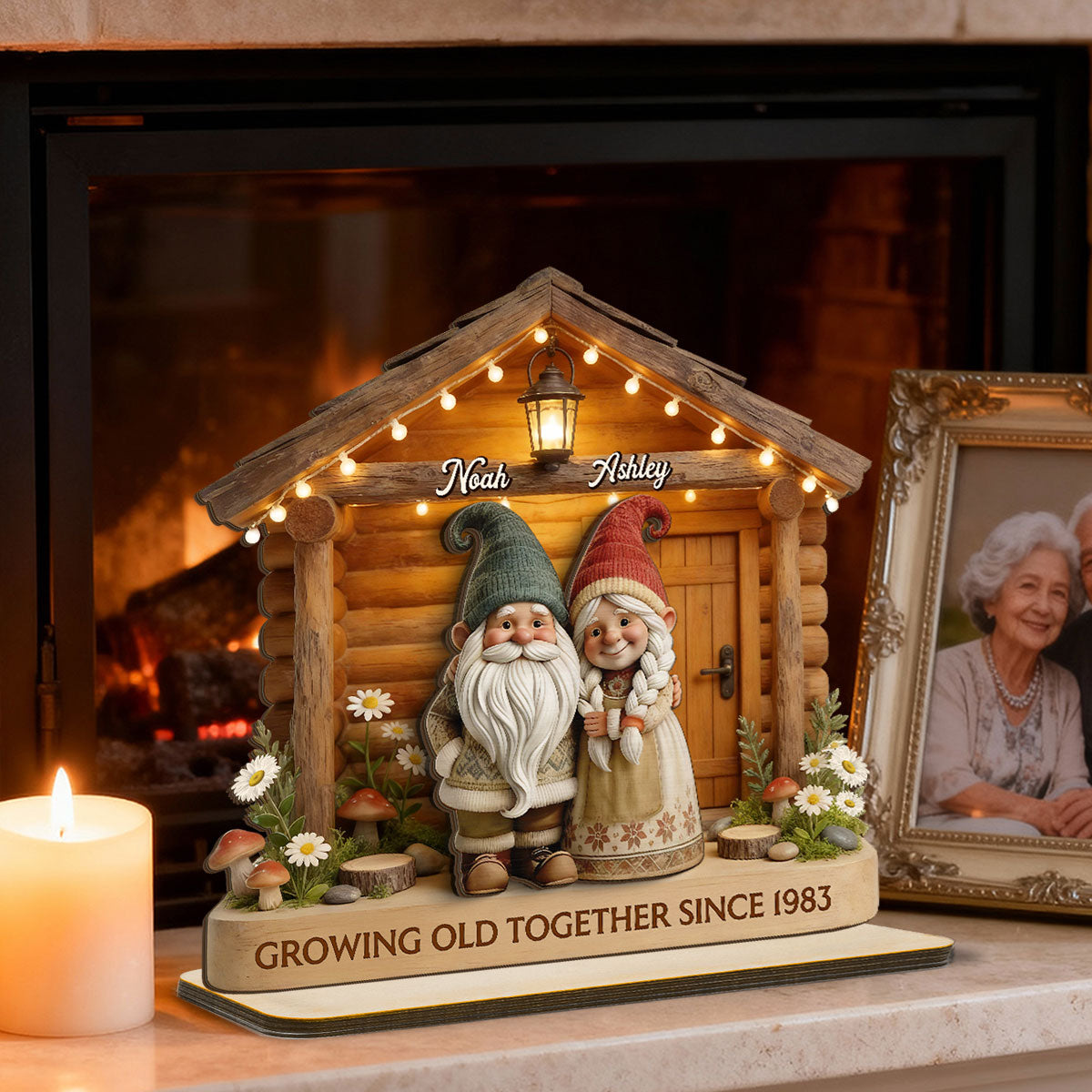Eternal Love Gnome Couple At Wooden Cabin - Personalized 2-Layered Wooden Plaque - Heartfelt Gift For Couple