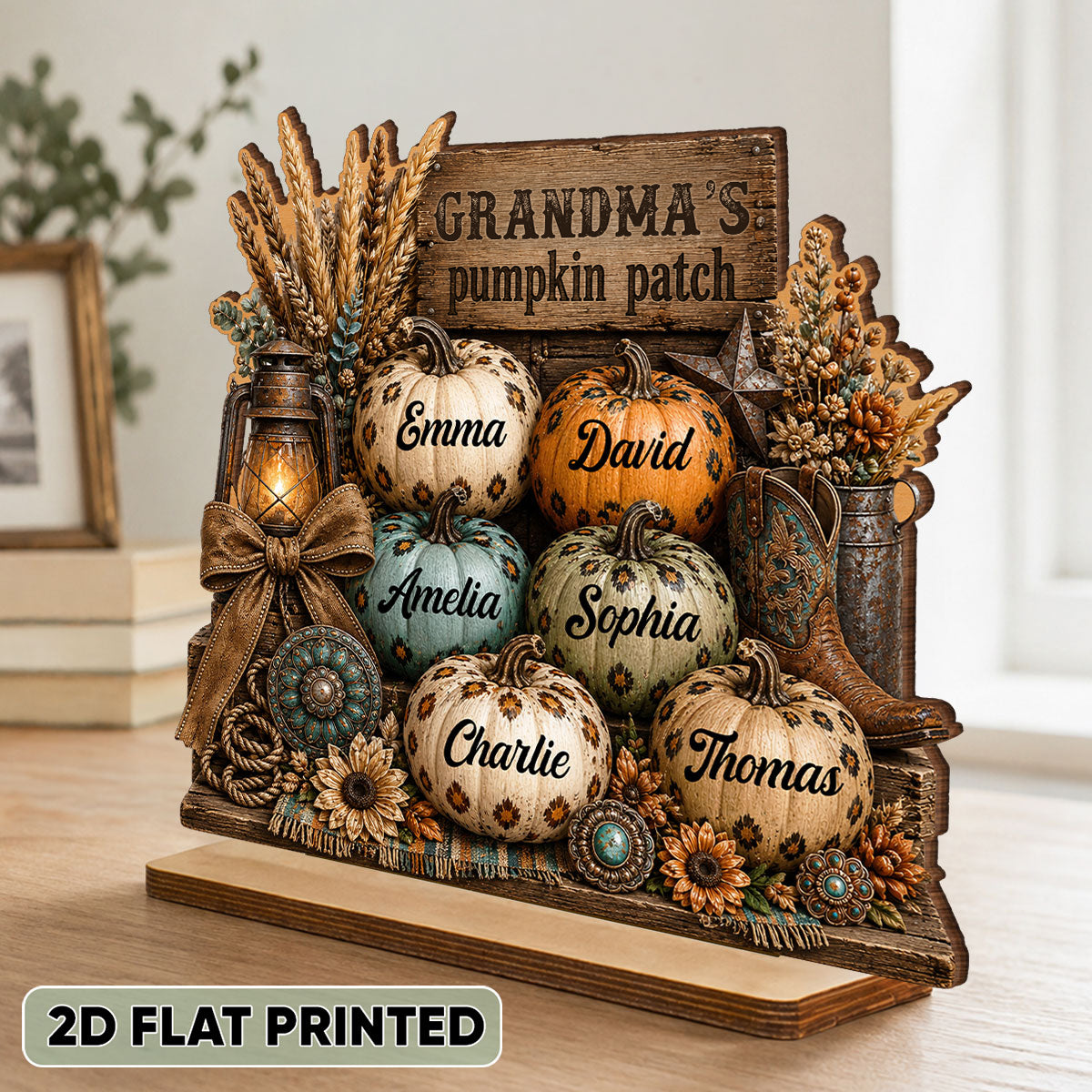 Western Leopard Grandma's Pumpkin Patch - Personalized 2-Layered Wooden Plaque - Fall Halloween Decor for Grandma