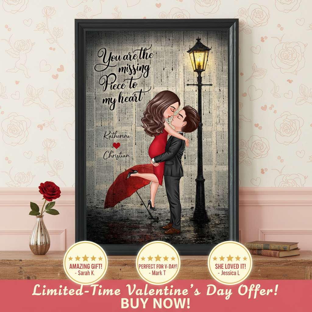 Vintage Newspaper Couple Hugging Kissing Under Lamp Post - Personalized Poster