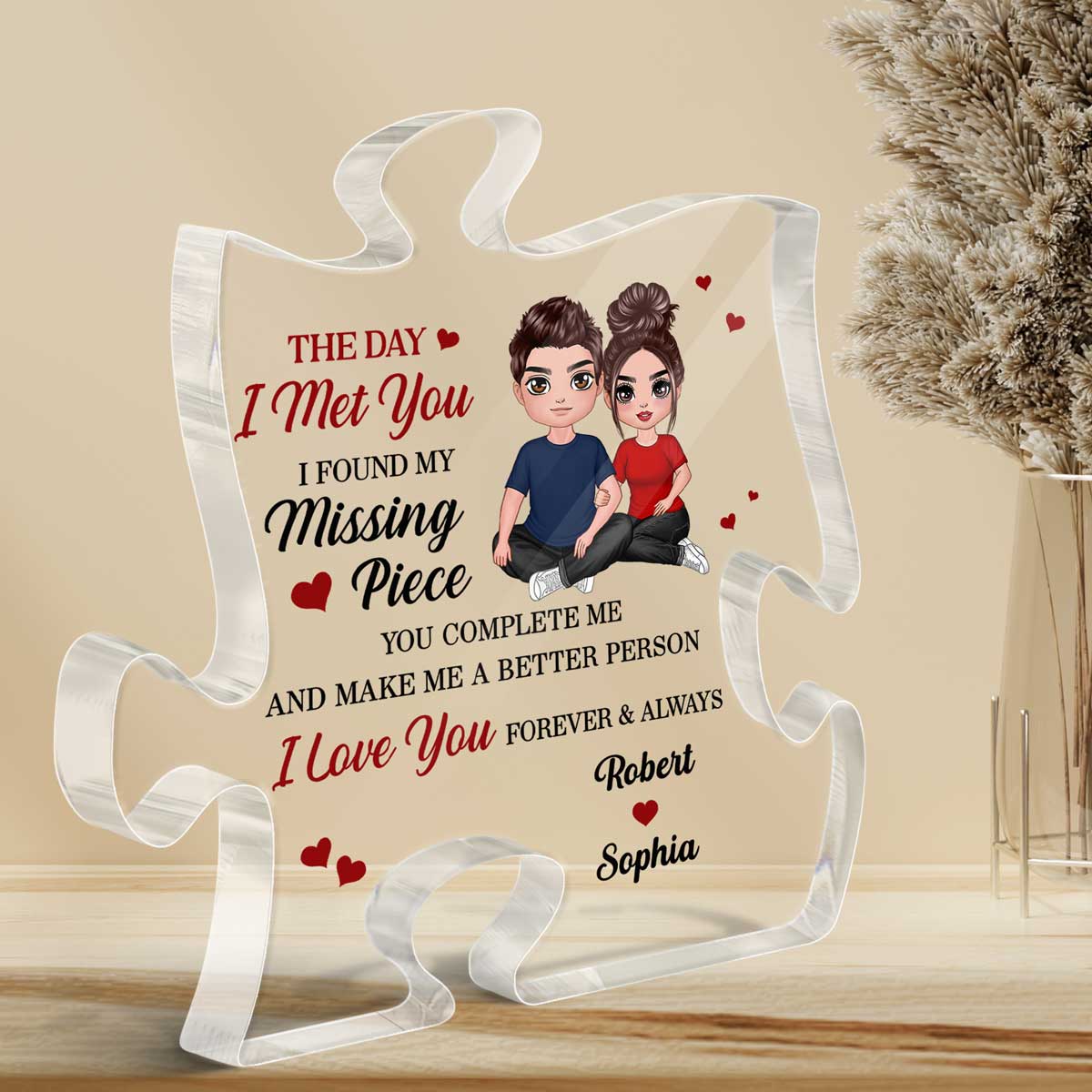 Doll Embracing Couple Sitting Found My Missing Piece Personalized Acrylic Puzzle Plaque