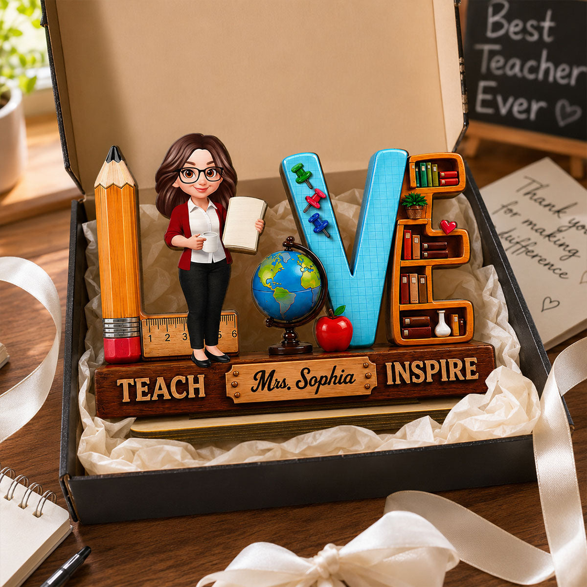 Teach Love Inspired Teacher 2D Flat - Personalized Wooden Desk Plaque