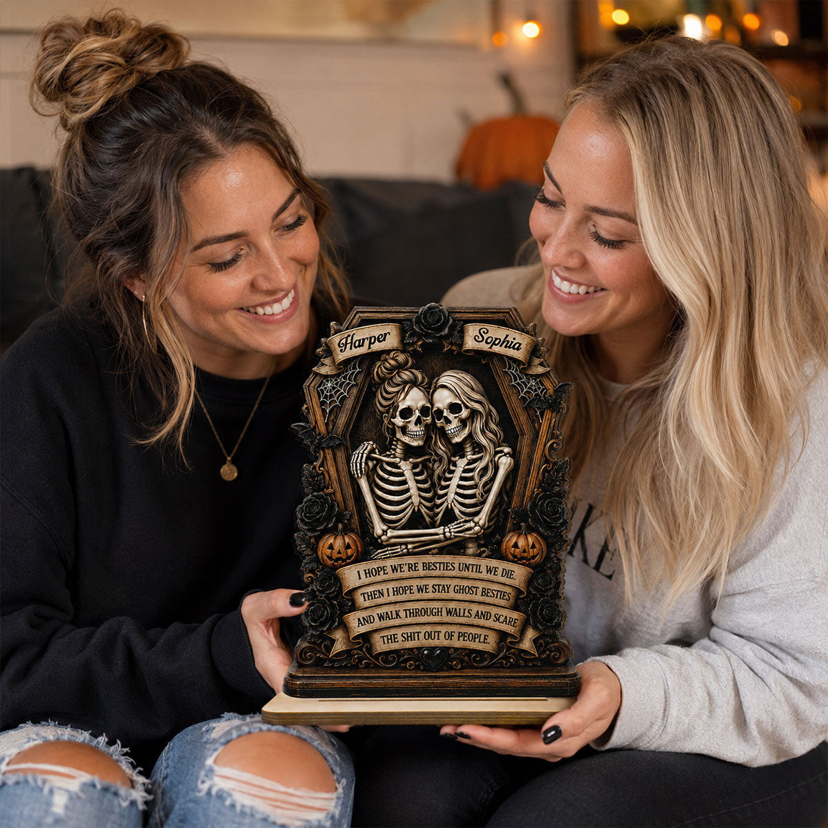 Skeleton Besties In Coffin Friends Until We Die 2D Flat - Personalized 2-Layered Wooden Plaque - Funny Work Bestie Gift, Halloween Keepsake For Best Friends