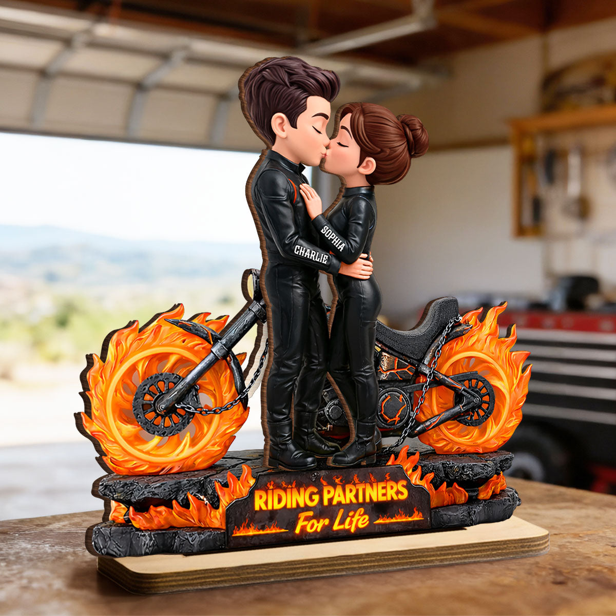 Biker Couple Fire - Personalized 2-Layered Wooden Plaque - Sentimental Gift for Her, for Him