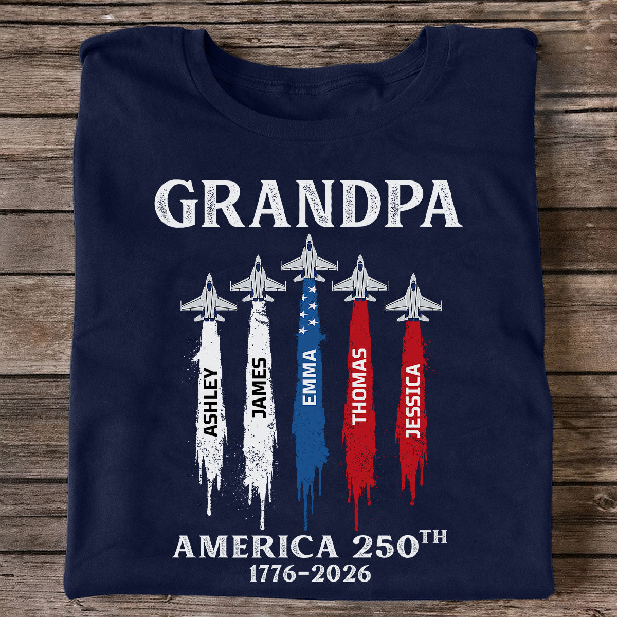 Grandpa Dad Patriotic Jet Fighter Custom Kids Names - Personalized Shirt - Father's Day Gift, America 250th Anniversary, 1776 - 2026