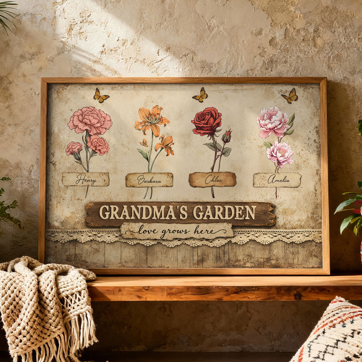 Retro Vintage Lace Pattern Grandma's Garden Birth Month Flowers - Personalized Poster - Mother's Day Gift For Grandma, Mom
