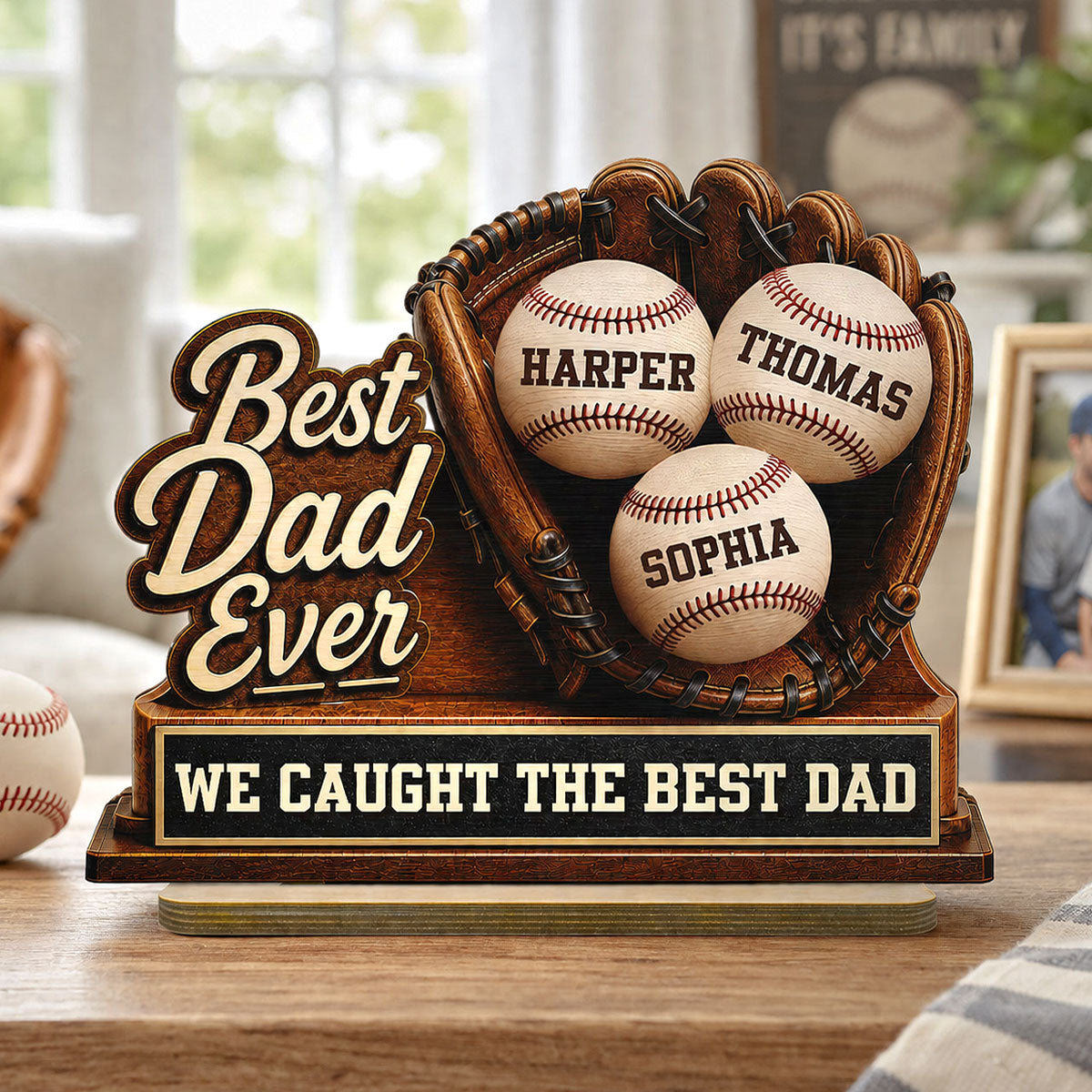 We Caught The Best Dad Baseball Glove - Personalized 2-Layered Wooden Plaque - Happy  For Baseball Dad