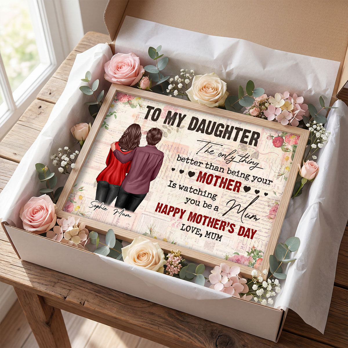 To My Daughter From Mum Vintage Floral Newspaper - Personalised Poster - UK Mother's Day
