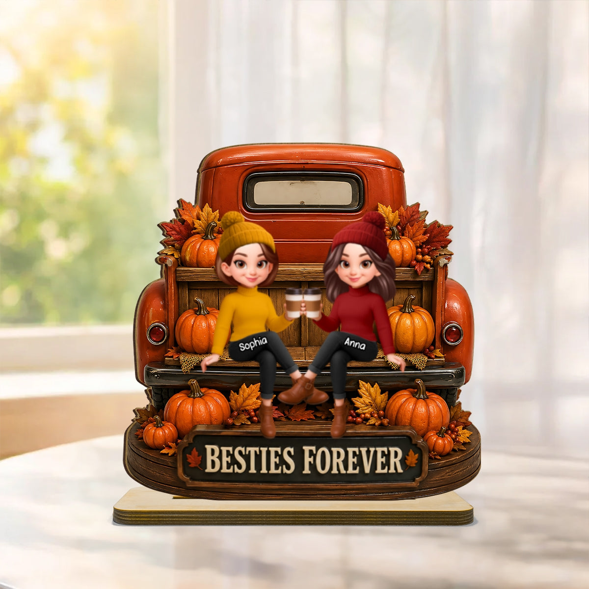 Besties Forever Fall Truck - Personalized 2-Layered Wooden Plaque - Fall Gift For Best Friends