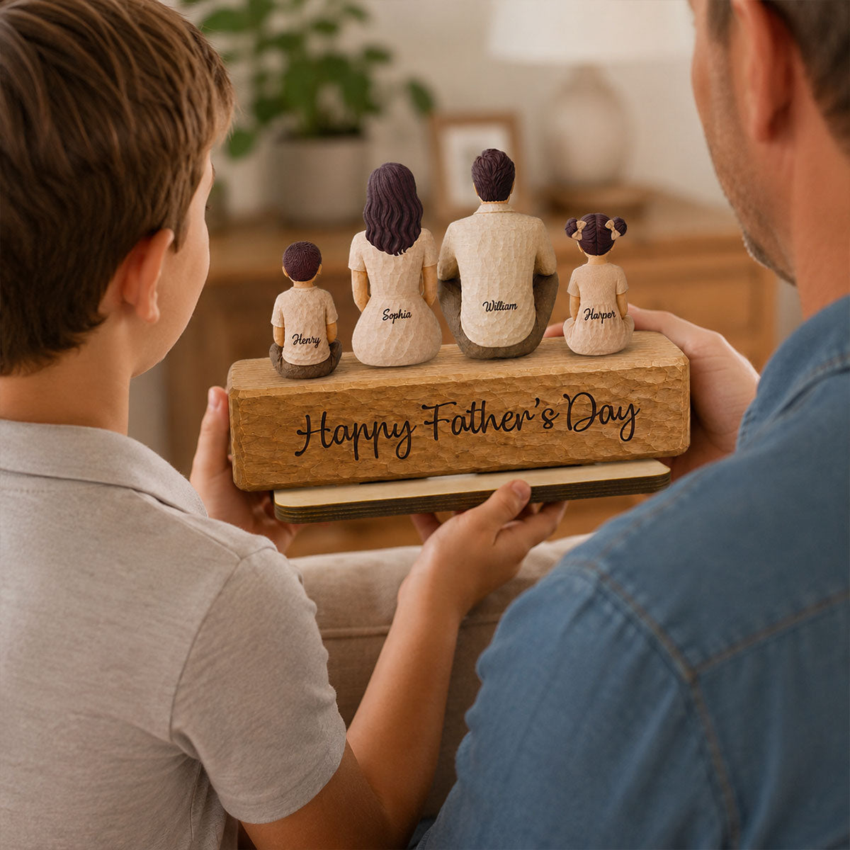Family Sitting Back View 2D Flat Printed - Personalized 2-Layered Wooden Plaque - Gift For Dad, Gift For Husband, Gift For Grandpa