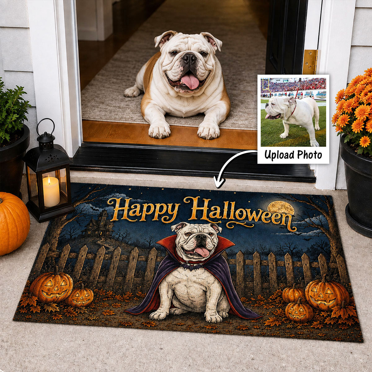 Vintage Dog Cat Halloween Night Photo Upload - Personalized Doormat - Halloween Gift For Dog Mom, Cat Mom