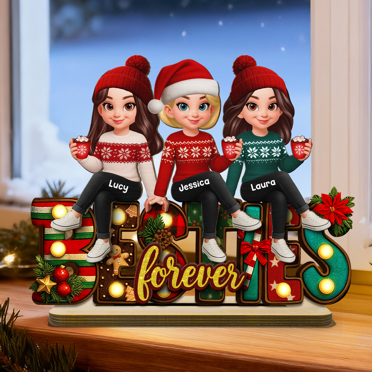 Festive Christmas Besties Together Christmas - Personalized 2-Layered Wooden Plaque