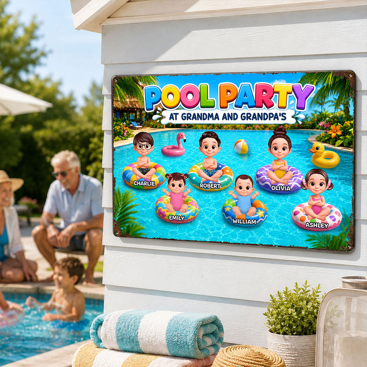 Pool Party At Grandpa Grandma's - Personalized Metal Sign - Gift For Grandparents, Summer Poolside Decoration