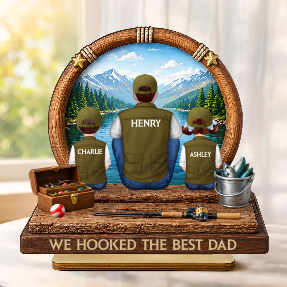 Fishing Dad Kids Mountain Lake - Personalized 2-Layered Wooden Plaque - Heartfelt Gift For Fishing Dad, Gift For Husband