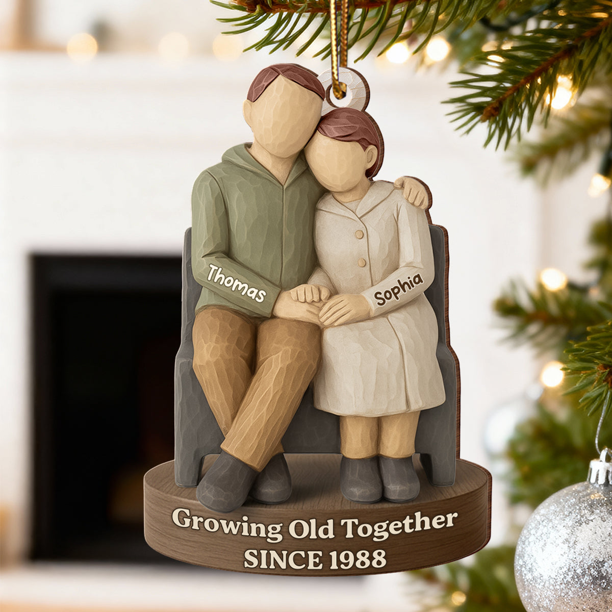 Couple Growing Old Together 3D Effect - Personalized Wooden Ornament - Christmas Gift for him, for her