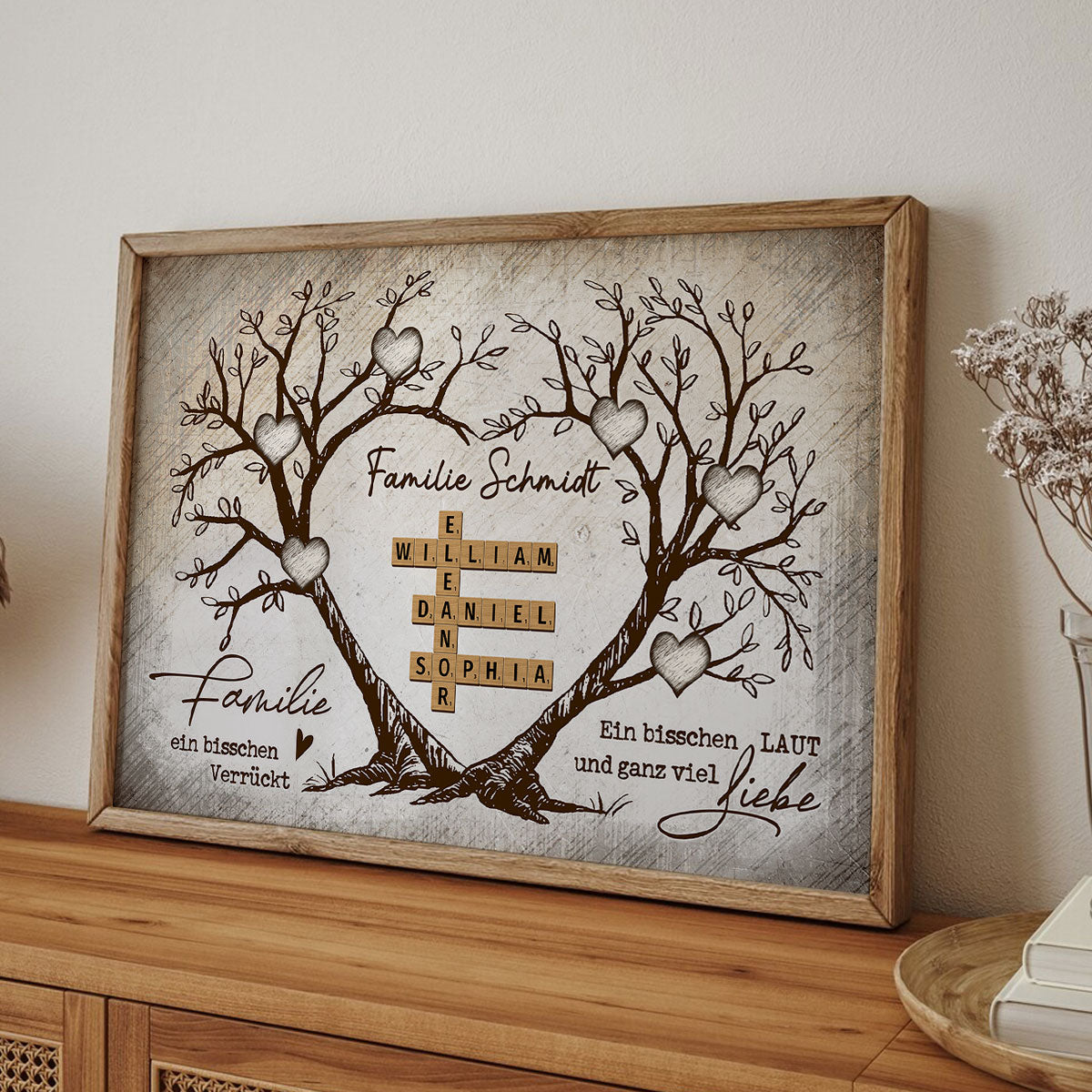 Personalisiertes Familien-Poster – Herzbaum & Kreuzworträtsel – Für immer verbunden – Geschenk für Familie, Mann & Frau