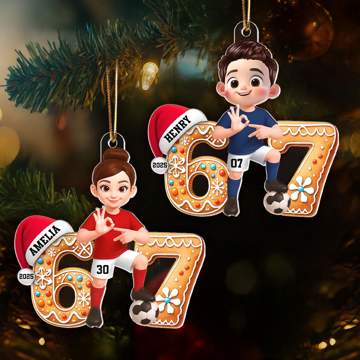 Soccer Boy Girl Christmas Pattern Custom Six Seven 67 - Personalized Acrylic Ornament - Teen Slang Funny Tree Decor, Funny Teen Grandkid Gift