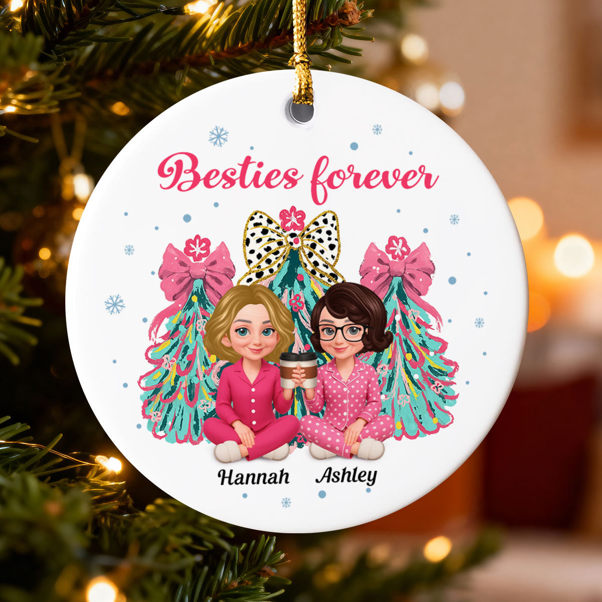 Pink Theme Coquette Christmas Tree Besties Forever - Personalized Ceramic Ornament - Christmas Gift For Best Friends