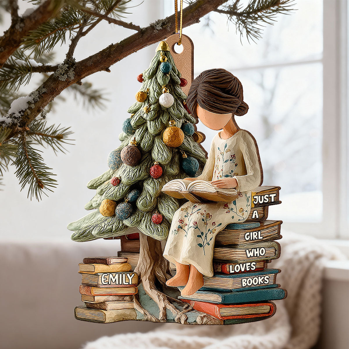 Holiday Reading By The Tree 3D Effect - Personalized Wooden Ornament - Christmas Gift For Book Lover, Bookworm