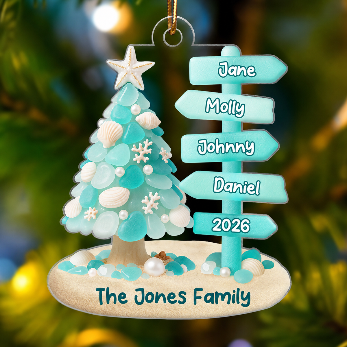 Family Direction Sign Post Sea Glass Pattern - Personalized Acrylic ornament - Christmas Gift for Family, for Her, for Him