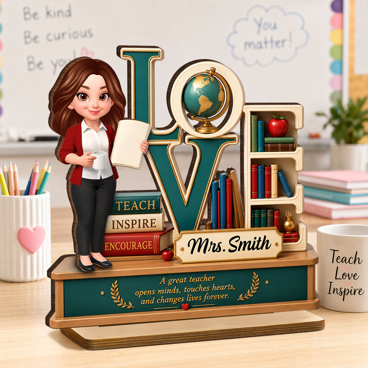 Teach Inspire Encourage Teacher - Personalized 2-Layered Wooden Plaque - Back To School Gift For Teachers, Classroom Decors